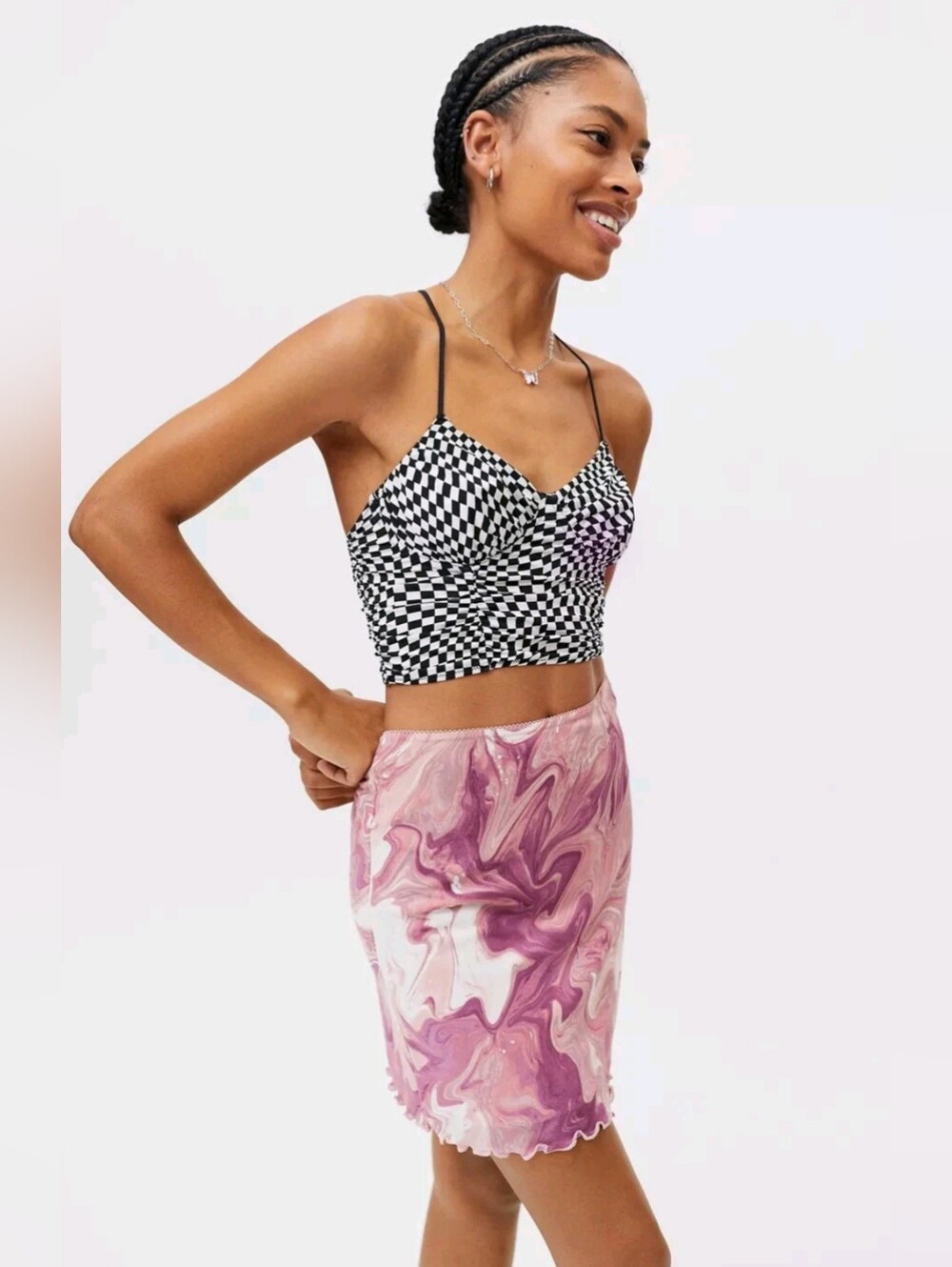 NWT Urban Outfitters Printed Mesh Mini Skirt XS Pink Combo Ruffle Marble/ Swirls